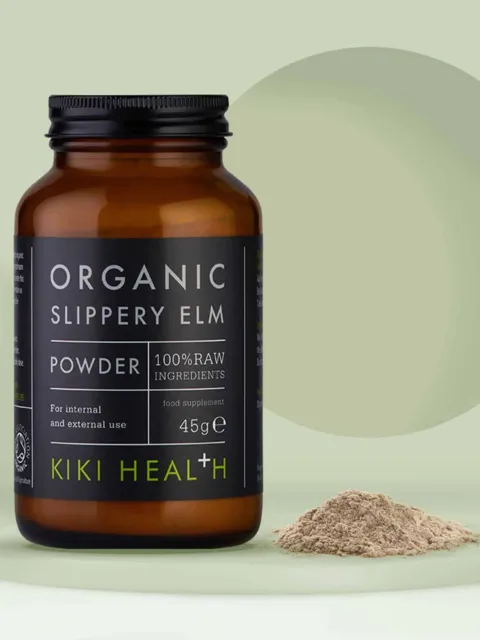 Brown jar of organic slippery elm powder, 45g, by Kiki Health, with powder beside it.