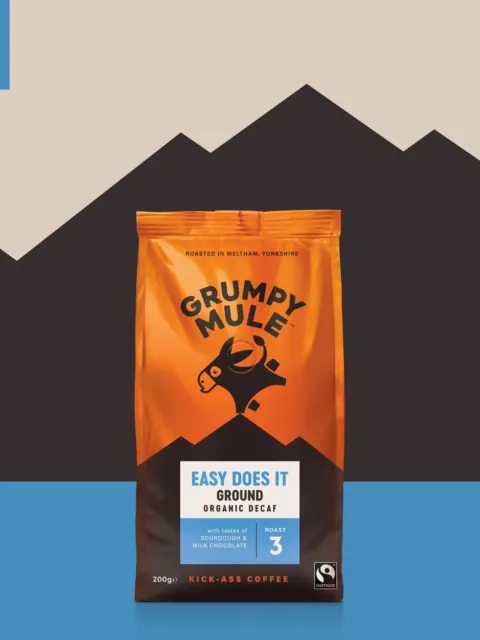Grumpy Mule Easy Does It ground organic decaf coffee, 200g, roast level 3.