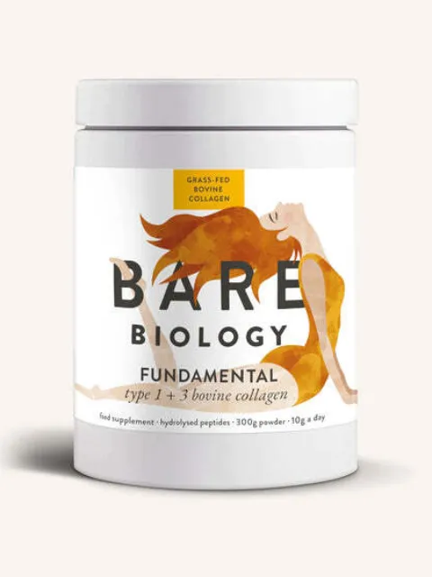 Bare Biology Fundamental collagen powder, 300g, with illustrated woman on label.