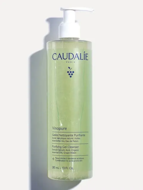 Caudalie Vinopure Purifying Gel Cleanser, 385 ml bottle with pump dispenser.