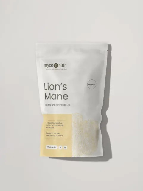 MycoNutri Lion's Mane powder, 100g, organic, Hericium erinaceus, in a white pouch.
