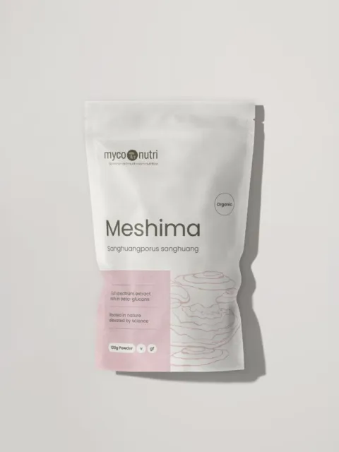 Meshima powder pouch, 100g, organic, by MycoNutri. Contains Sanghuangporus sanghuang extract.