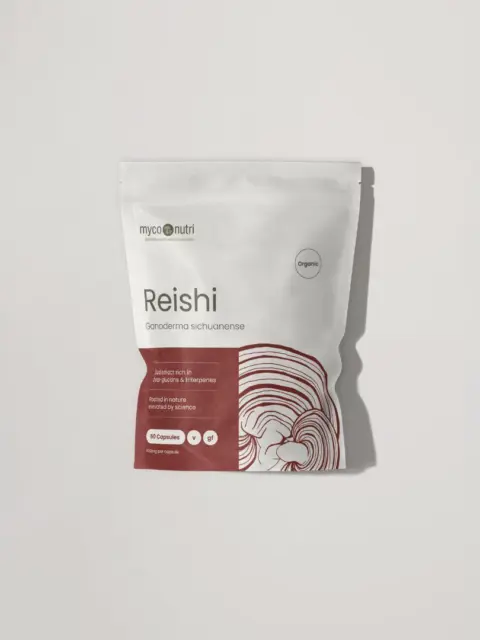Reishi Ganoderma supplement pouch with organic label, 60 capsules.