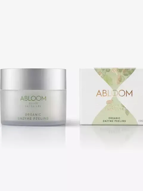Abloom Organic Enzyme Peeling jar and box, 100ml, on white background.