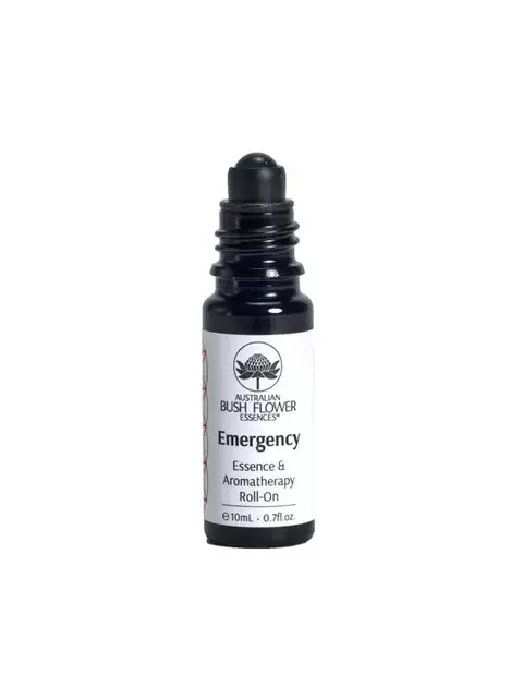 Black roll-on bottle labelled "Emergency Essence & Aromatherapy", 10ml.