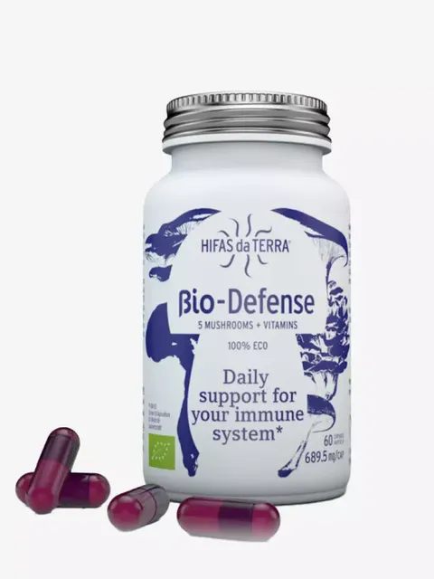 Hifas da Terra Bio-Defense supplement bottle with capsules.
