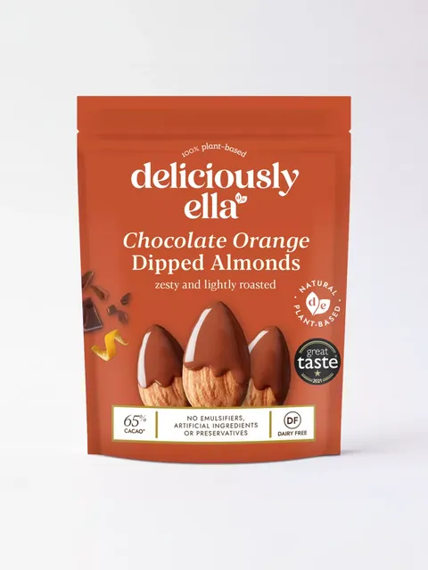 Deliciously Ella Chocolate Orange Dipped Almonds, plant-based, 65% cacao, dairy-free.