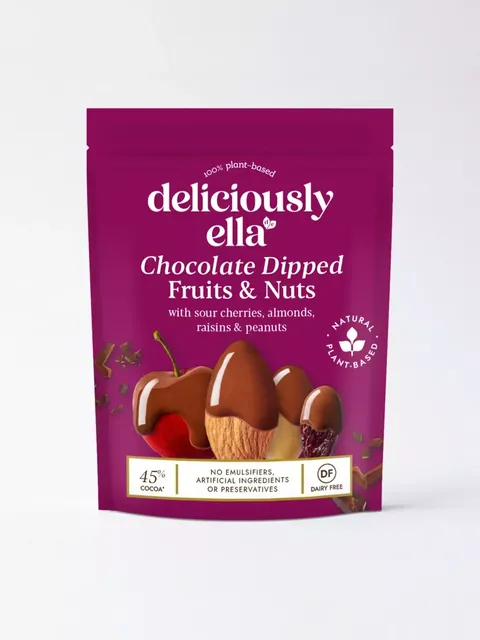 Purple packet of chocolate dipped fruits and nuts, labelled "deliciously ella".