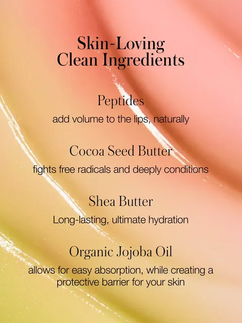 Skin-Loving Clean Ingredients: Peptides, Cocoa Seed Butter, Shea Butter, Organic Jojoba Oil.