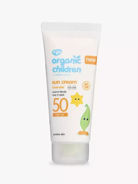 Organic Children SPF 50 sun cream tube, lavender scent, eczema-friendly, for sensitive skin.