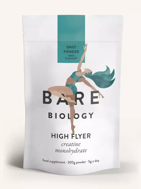 Bare Biology High Flyer creatine monohydrate, 300g powder, dancer illustration.
