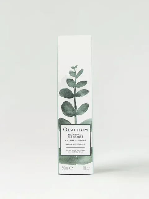 Olverum Nightfall Sleep Mist box, 30ml, with eucalyptus design.