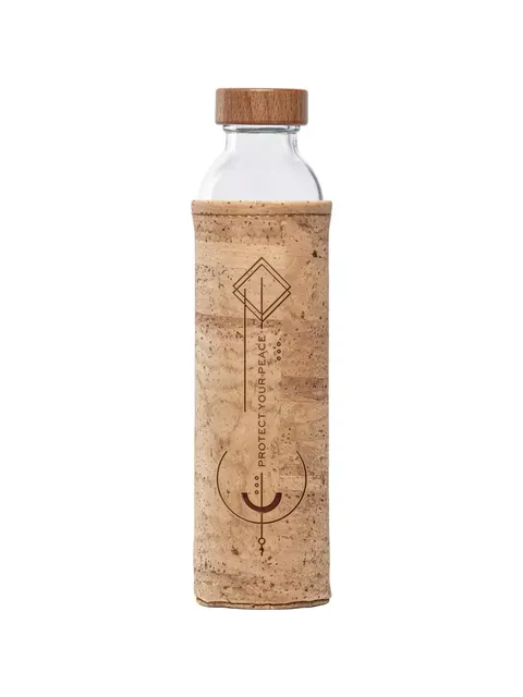 Glass bottle with cork sleeve, wooden lid, and "Protect Your Peace" text.
