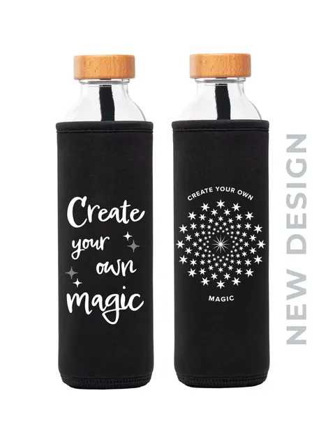 Two glass bottles with black sleeves, wooden lids, and "Create your own magic" text.