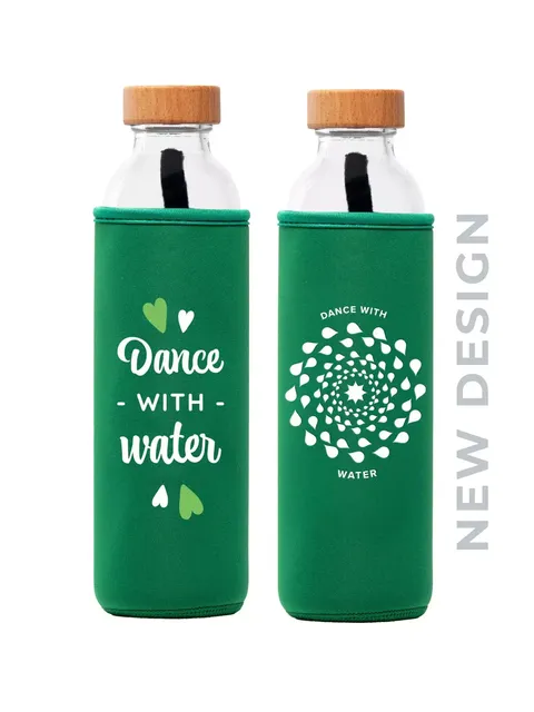 Green water bottles with "Dance with water" text and heart designs. New design label on side.