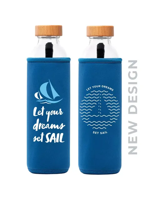 Two blue bottles with "Let your dreams set sail" text and sailboat design. New design label.