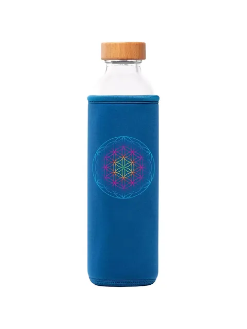 Glass bottle with bamboo lid in blue sleeve, geometric pattern on sleeve.