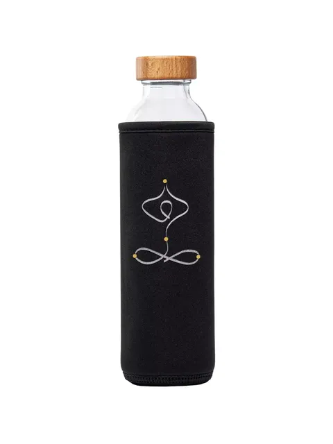 Glass bottle with wooden lid in black sleeve, abstract white and gold design on sleeve.