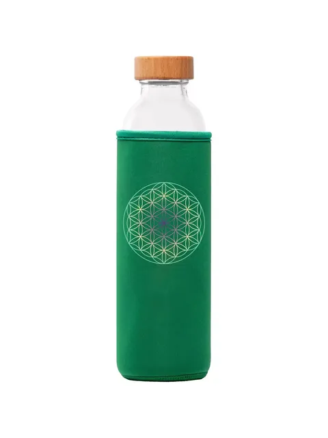 Glass bottle with wooden lid in green sleeve, geometric pattern on sleeve.