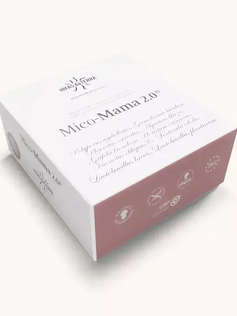 Mico-Mama 2.0 box with organic, vegan, and GMP symbols on the side.
