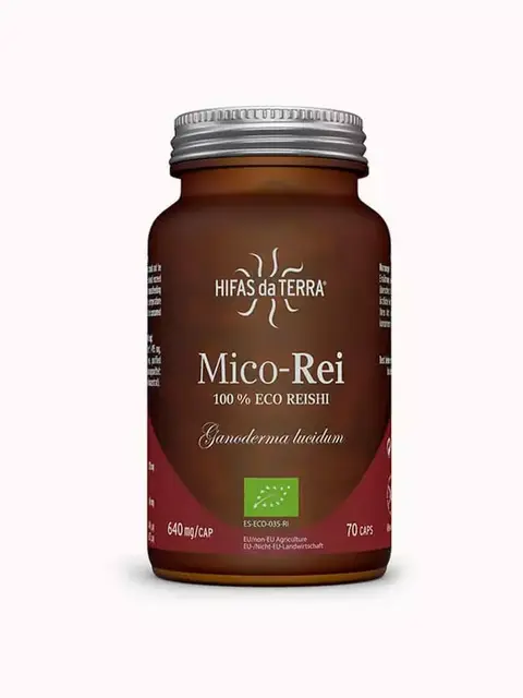 Brown bottle of Mico-Rei 100% Eco Reishi, 70 capsules, by Hifas da Terra.