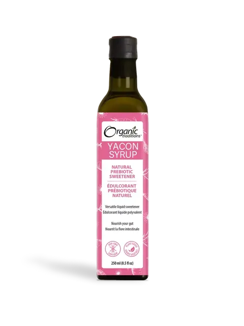 Bottle of Organic Traditions Yacon Syrup, natural prebiotic sweetener, 250 ml.