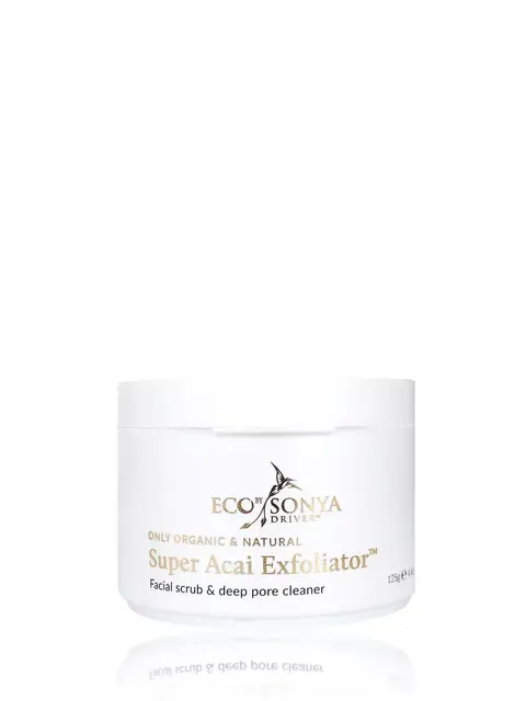 Eco by Sonya Super Acai Exfoliator, 125g facial scrub jar.