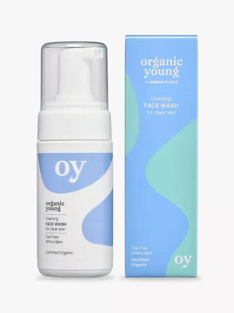 Foaming face wash bottle and box, labelled "oy" and "organic young". Tea Tree and Willow Bark.