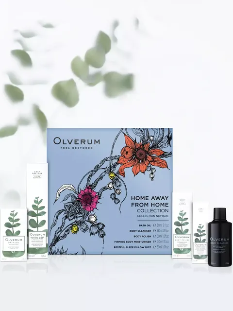 Olverum Home Away From Home collection with floral design and product bottles.