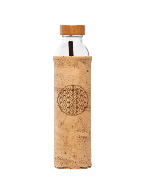 Glass bottle with cork sleeve and wooden lid, featuring a geometric circle design.