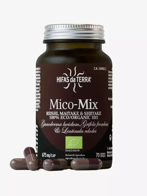 Hifas da Terra Mico-Mix bottle with capsules, 675 mg, 70 count, eco/organic certification.