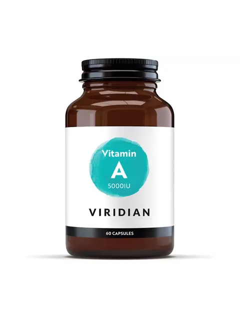 Viridian Vitamin A 5000IU, 60 capsules in a brown bottle.