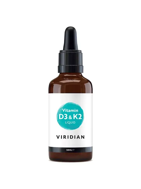 Brown dropper bottle labelled "Vitamin D3 & K2 Liquid, Viridian, 50ml".