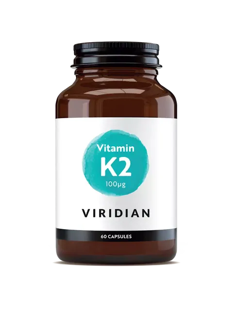 Brown bottle of Viridian Vitamin K2, 100µg, 60 capsules.