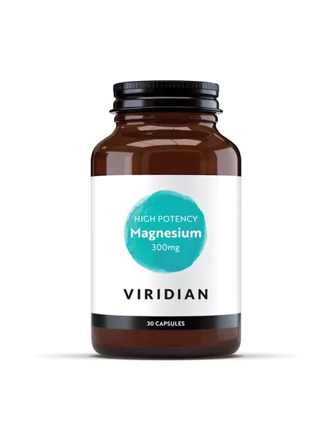 Brown bottle labelled "High Potency Magnesium 300mg" by Viridian, 30 capsules.
