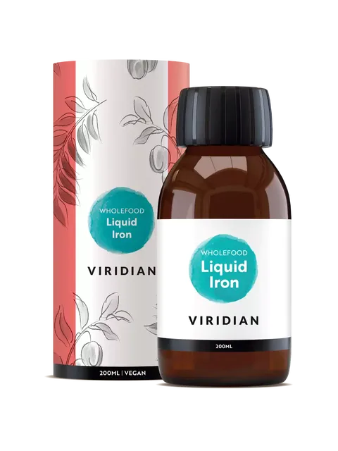 Viridian Wholefood Liquid Iron bottle and packaging, 200ml, vegan.