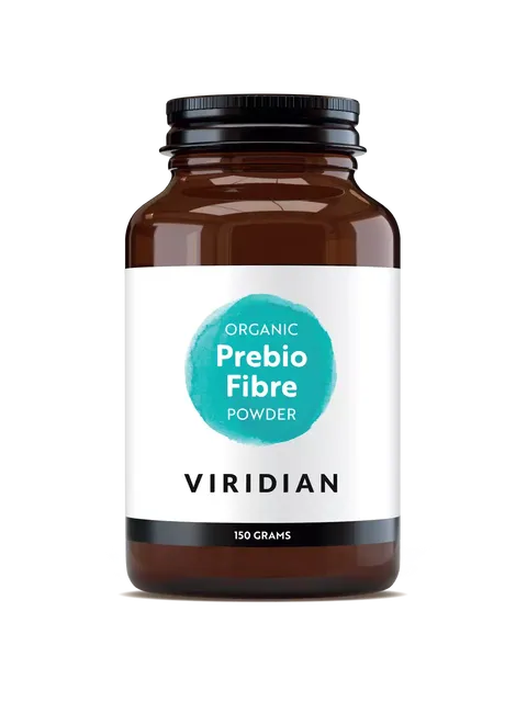 Brown jar of Viridian Organic Prebio Fibre Powder, 150 grams.