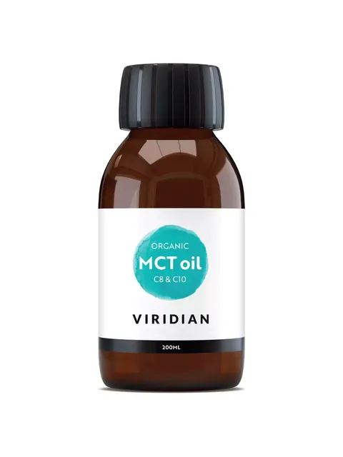 Brown bottle of Viridian Organic MCT oil, 200ml, with black cap.