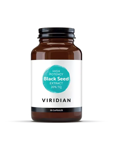 Brown bottle of Viridian Black Seed Extract, 30 capsules, high potency 20% TQ.