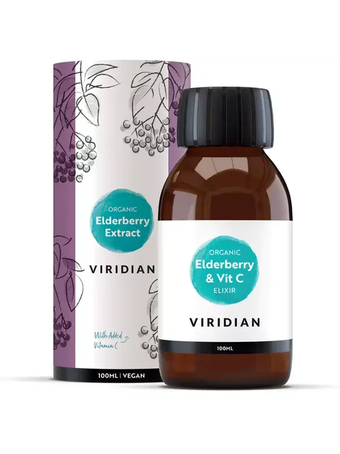Viridian Organic Elderberry & Vit C Elixir, 100ml bottle and packaging with berry design.