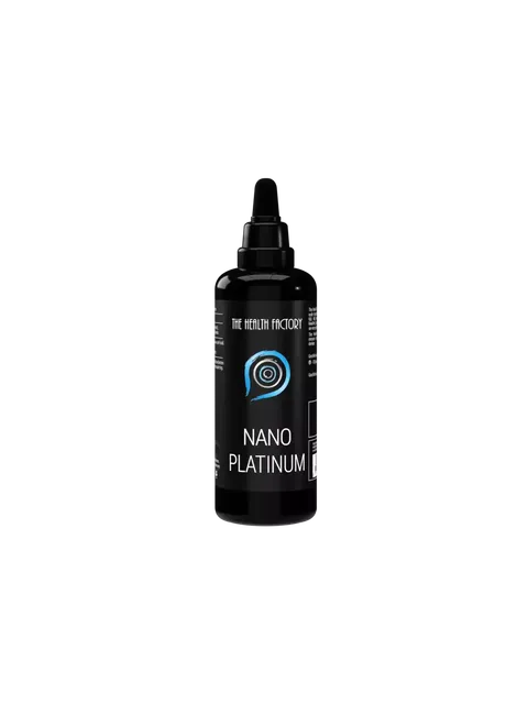 Black bottle labelled "Nano Platinum" by The Health Factory.