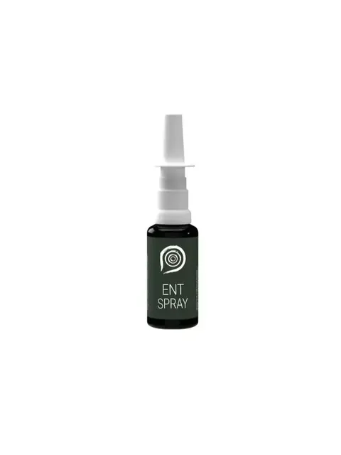 Black bottle with white cap labelled "ENT Spray".