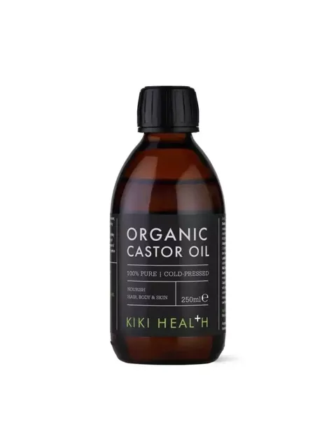 Brown bottle of Kiki Health Organic Castor Oil, 250ml, labelled for hair, body, and skin.