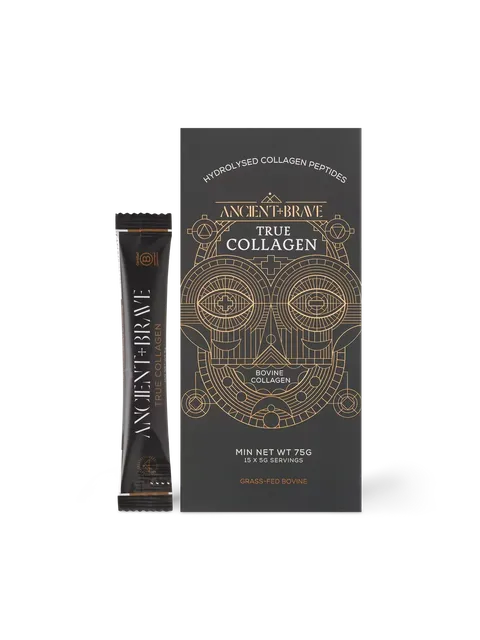 Black box of Ancient + Brave True Collagen with sachet. Hydrolysed peptides, grass-fed bovine.