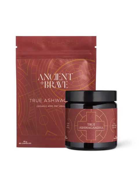 Ancient + Brave True Ashwagandha capsules, 35g, 60 capsules, in recyclable packaging.