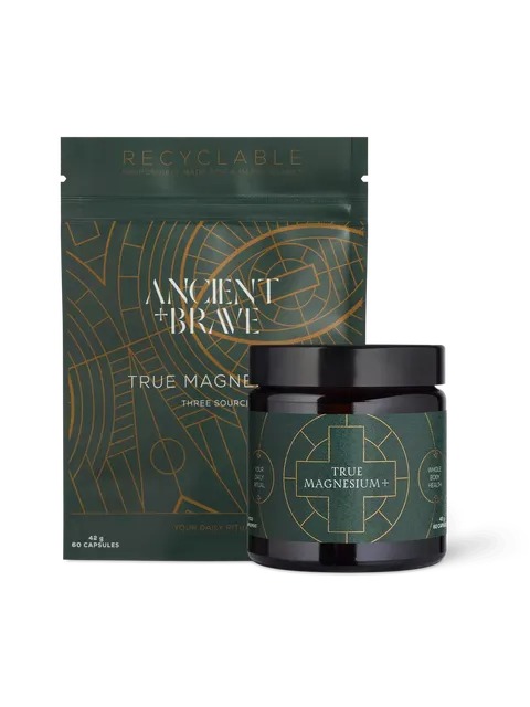 Ancient + Brave True Magnesium+ capsules, green packaging with geometric design.