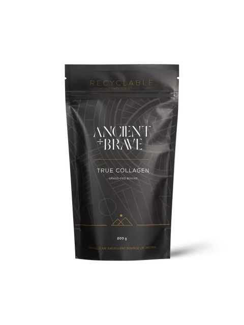 Recyclable pouch of Ancient + Brave True Collagen, 200g, grass-fed bovine.