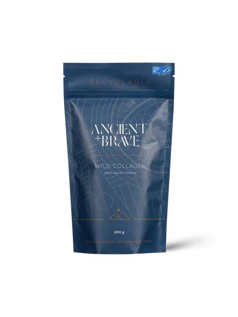 Ancient + Brave Wild Collagen, 200g, recyclable blue packaging.