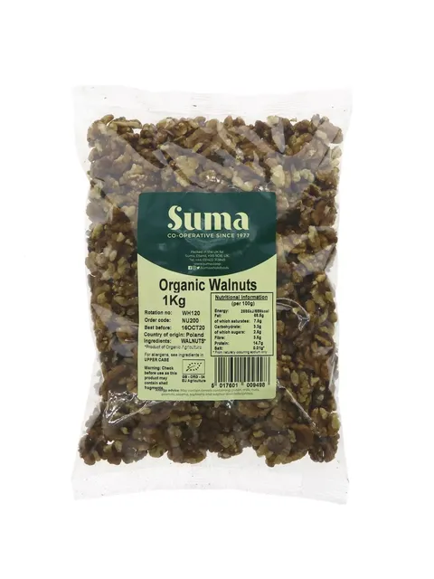 Suma Organic Walnuts 1Kg pack with nutritional information and origin details.