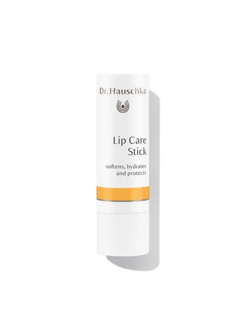 Dr. Hauschka Lip Care Stick, softens, hydrates, and protects. White tube with orange band.